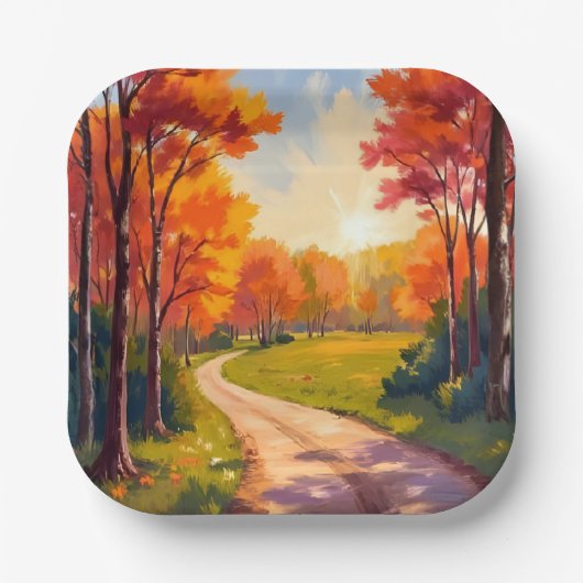 Herbstweg | Rotes Laub Natur Landschaft Pappteller (Vorderseite)