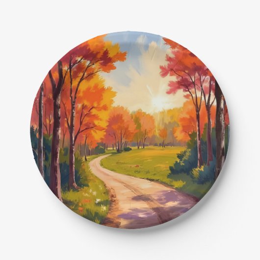 Herbstweg | Rotes Laub Naturlandschaft Pappteller (Vorderseite)
