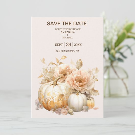 Herbstweiße Glitzer Pumpkin Hochzeit Save The Date (Stehend Vorderseite)