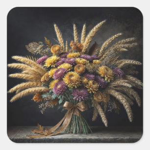 Herbstweizenhalme und Chrysanthemenstrauß Quadratischer Aufkleber