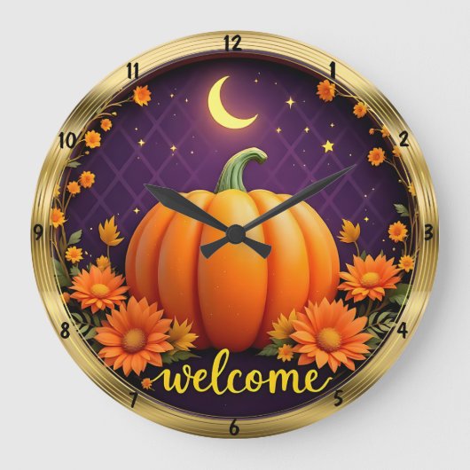 Herbstwillkommene Uhr: Pumpkin Moonlight Sydney Große Wanduhr (Vorderseite)