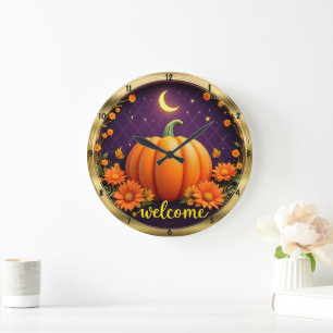 Herbstwillkommene Uhr: Pumpkin Moonlight Sydney Große Wanduhr