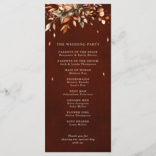 Herbstwochenende Rustikale Boho Hochzeit Programm (Rückseite)