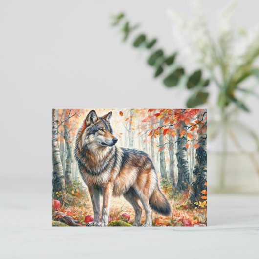 Herbstwolf mit Äpfeln im Herbstwald Postkarte (Stehend Vorderseite)