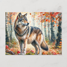 Herbstwolf mit Äpfeln im Herbstwald Postkarte