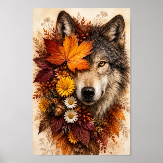 Herbstwolf-Wildtier-Blumenillustrationsporträt Poster (Vorne)