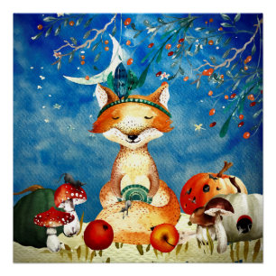 Herbstwoodland Friends Fox Forest Illustration Poster