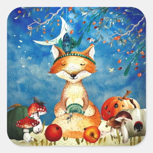 Herbstwoodland Friends Fox Forest Illustration Quadratischer Aufkleber (Vorderseite)