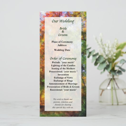 Herbstwoods-Hochzeitsprogramm Programm (Stehend Vorderseite)