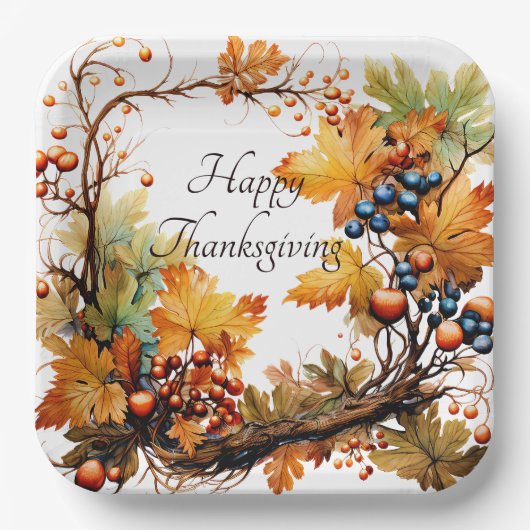 Herbstzweig mit Blätter und Beeren nach Maß Pappteller (Vorderseite)