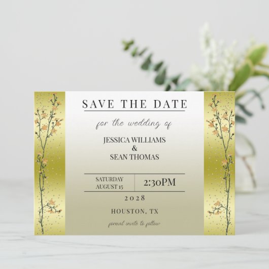 Herbstzweige, Confetti Gold Save the Date Einladung (Stehend Vorderseite)
