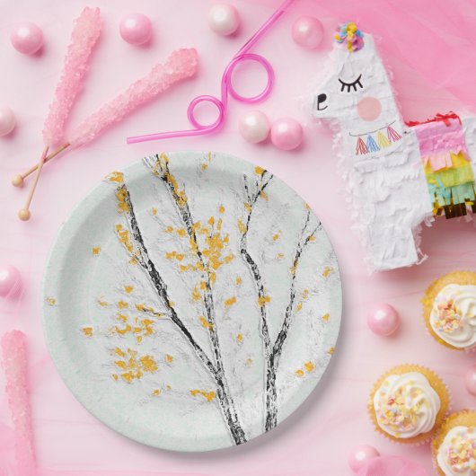 Herbstzweige mit gelben Herbstlauben Pappteller (Party)