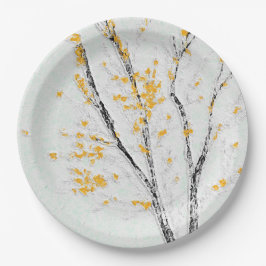 Herbstzweige mit gelben Herbstlauben Pappteller
