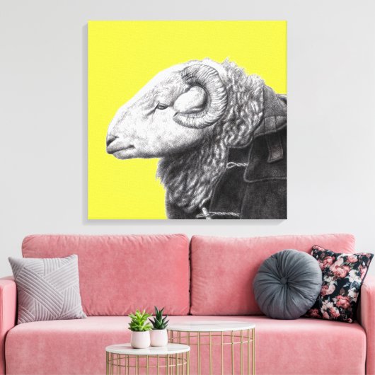 Herdwick Ram in Duffel Coat (Retro Yellow) Leinwanddruck (Insitu (Wohnzimmer))