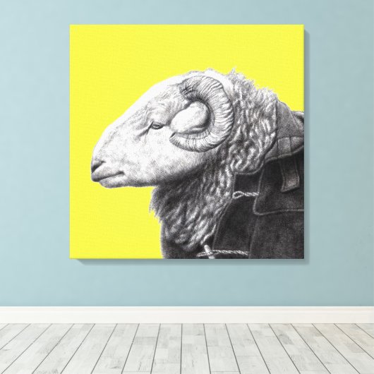 Herdwick Ram in Duffel Coat (Retro Yellow) Leinwanddruck (Insitu (Holzboden))