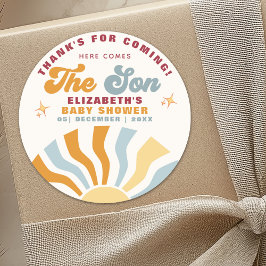 Here come the son - Funny Retro Style  Baby Shower Runder Aufkleber