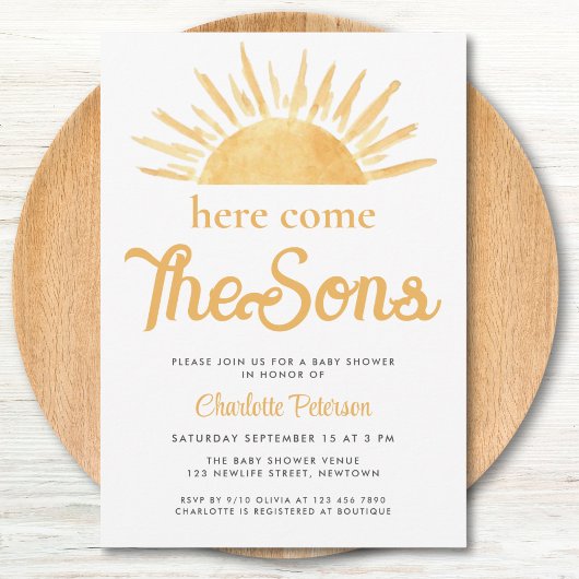 Here Come The Sons Twin Boy's Baby Shower Einladung