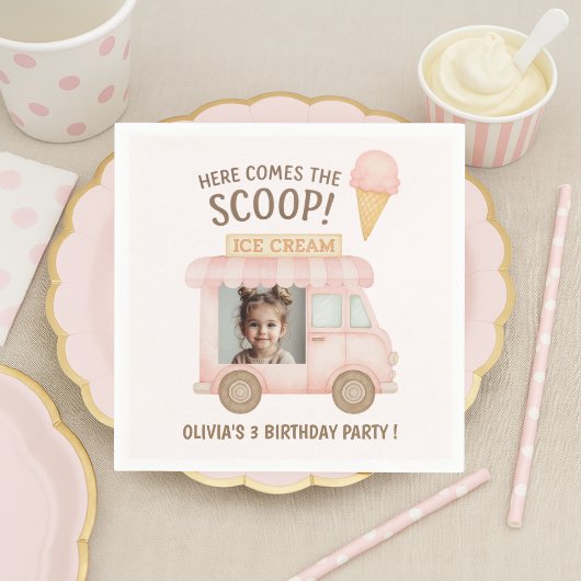 Here Comes the Scoop! | Pink Ice Cream Truck Photo Serviette