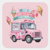 Here Comes the Scoop! Pink Ice Cream Truck Quadratischer Aufkleber (Vorderseite)