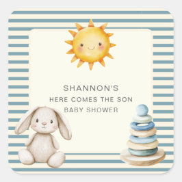 Here Comes the Son Baby Shower Blue Stripe Quadratischer Aufkleber