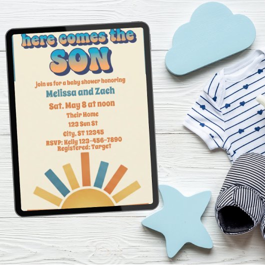 Here Comes the SON, Boho Sun Baby Shower Einladung