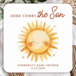 Here Comes The Son Boho Sunshine Cute Baby Shower Quadratischer Aufkleber