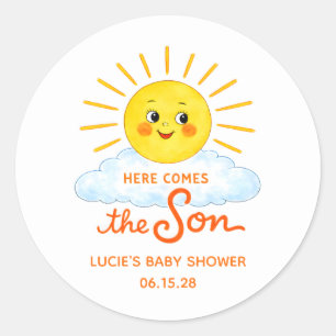 Here Comes the Son Hand Drawn Sunshine Baby Shower Runder Aufkleber