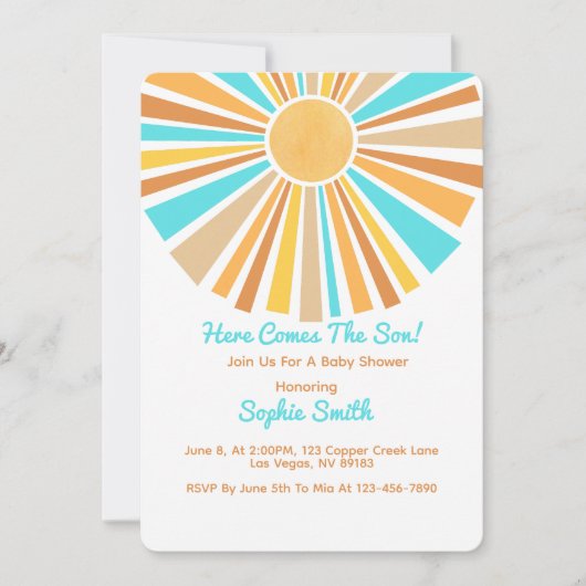 Here Comes The Son, Retro Boho Rainbow Einladung (Vorderseite)