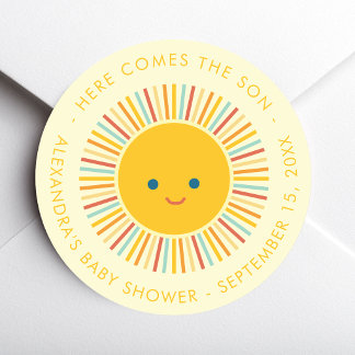 Here Comes the Son Sun Boy Baby Shower  Runder Aufkleber