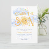Here Comes The Son Sun Clouds Baby Shower Einladung (Stehend Vorderseite)
