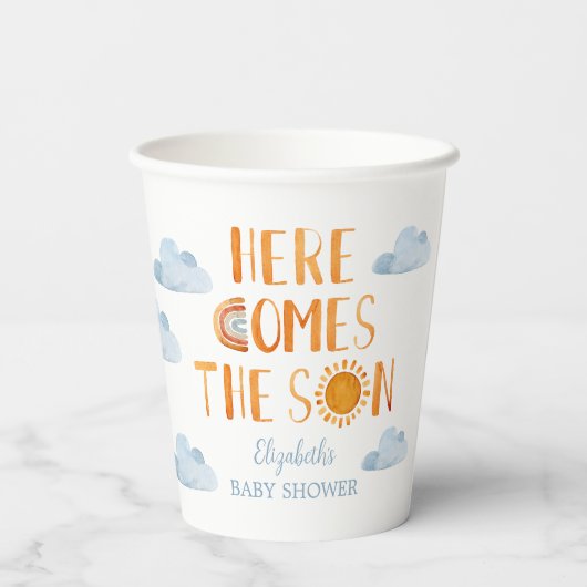 Here Comes The Son Sunshine Baby Shower Pappbecher (Rückseite)
