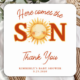 Here Comes The Son Sunshine Boho Cute Baby Shower Quadratischer Aufkleber