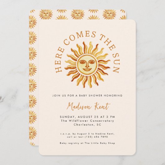 Here Comes the Sun Modern Boho Sun Baby Shower Einladung (Vorne/Hinten)
