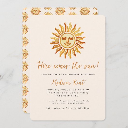 Here Comes the Sun Modern Boho Sun Baby Shower Einladung (Vorne/Hinten)