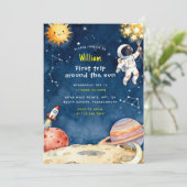 Here Space First Trip Around The Sun 1st Birthday Einladung (Stehend Vorderseite)