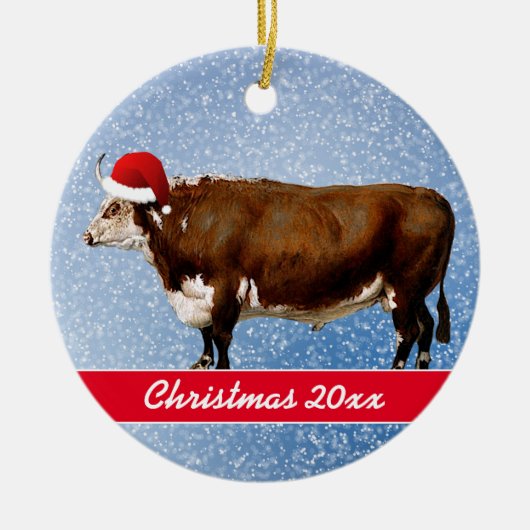 Hereford Bull und Weihnachtsmannmütze Keramik Ornament (Vorne)