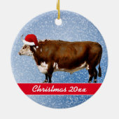 Hereford Bull und Weihnachtsmannmütze Keramik Ornament (Hinten)