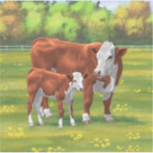 Hereford Cow & Niedlich Calf im Sommer Weide Aufkleber (Vorderseite)