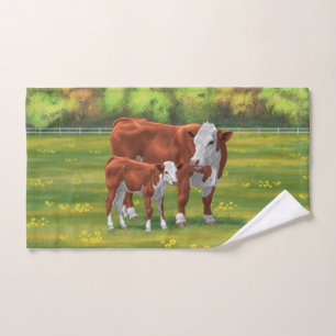 Hereford Cow & Niedlich Calf im Sommer Weide Badhandtuch Set