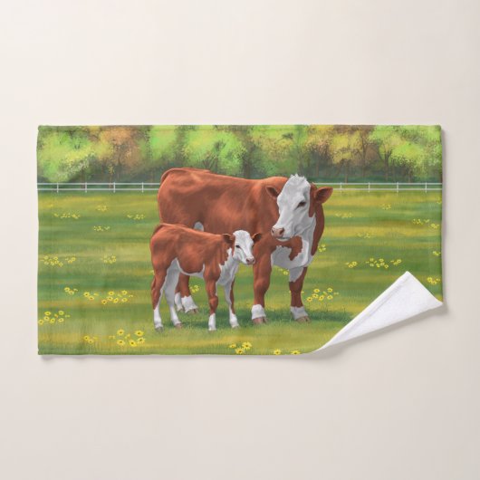 Hereford Cow & Niedlich Calf im Sommer Weide Badhandtuch Set (Handtuch)