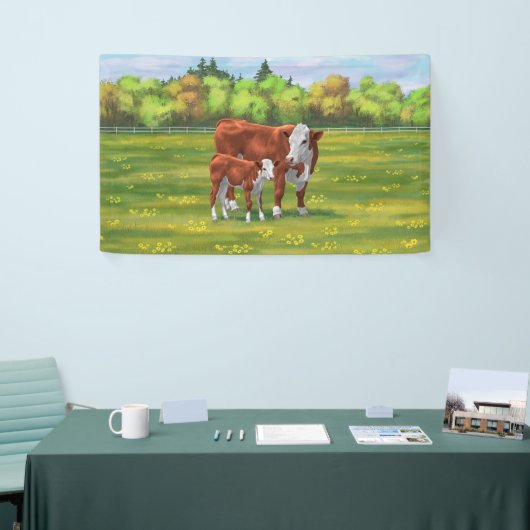 Hereford Cow & Niedlich Calf im Sommer Weide Banner (Messeveranstaltung)