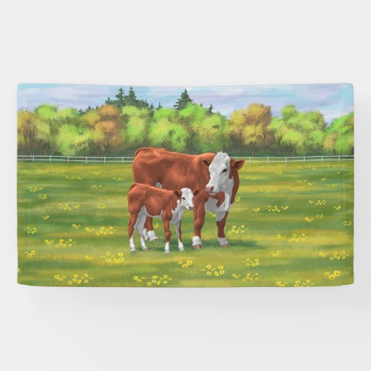 Hereford Cow & Niedlich Calf im Sommer Weide Banner (Horizontal)