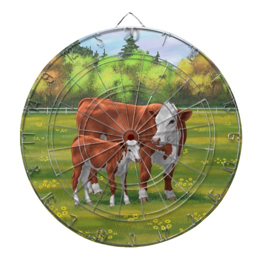 Hereford Cow & Niedlich Calf im Sommer Weide Dartscheibe (vorne)
