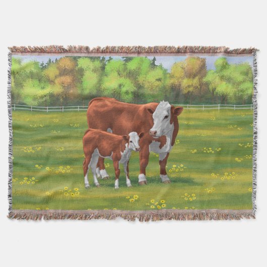 Hereford Cow & Niedlich Calf im Sommer Weide Decke (Vorderseite)