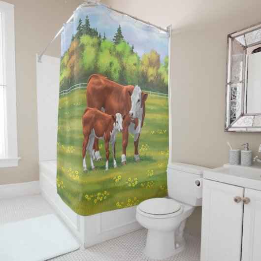 Hereford Cow & Niedlich Calf im Sommer Weide Duschvorhang (Beispiel)