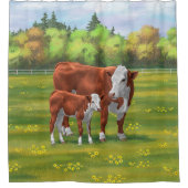 Hereford Cow & Niedlich Calf im Sommer Weide Duschvorhang (Vorderseite)