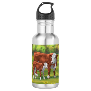 Hereford Cow & Niedlich Calf im Sommer Weide Edelstahlflasche