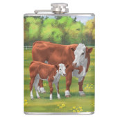 Hereford Cow & Niedlich Calf im Sommer Weide Flachmann (Vorderseite)