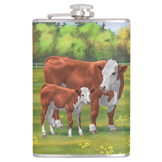 Hereford Cow & Niedlich Calf im Sommer Weide Flachmann (Vorderseite)