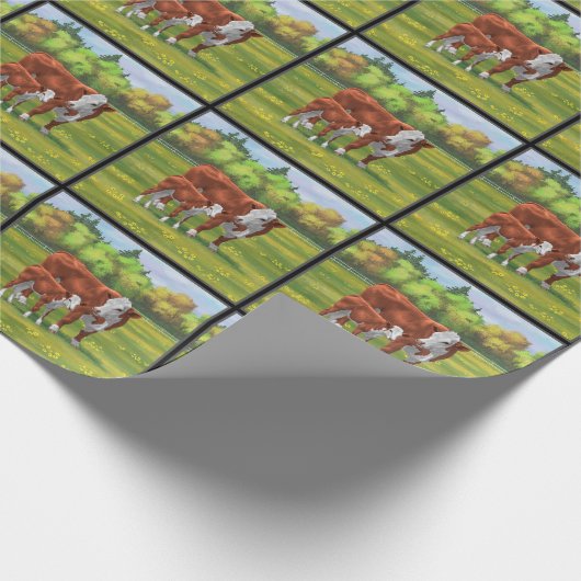 Hereford Cow & Niedlich Calf im Sommer Weide Geschenkpapier (Ecke)